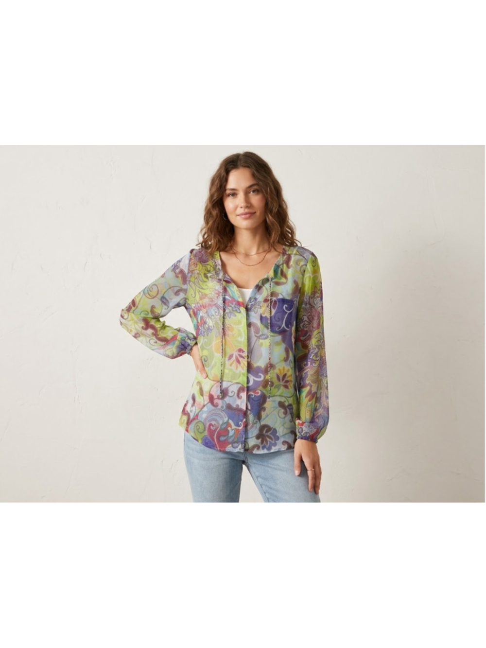 Ecru 100% Silk Sheer Paisley Boho Blouse XS Green Purple Floral Top EUC